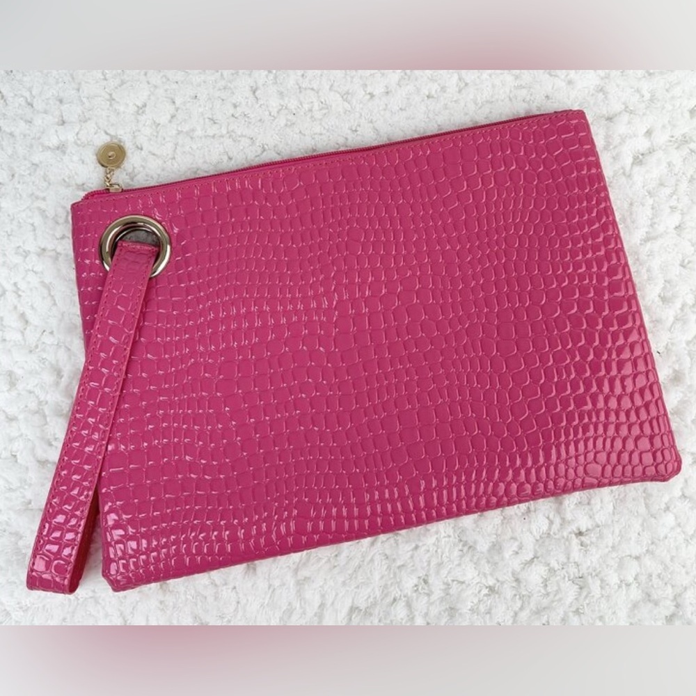 Pink Crocodile-Embossed Clutch Bag - Picture 3 of 4